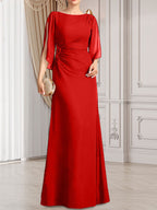 Vestido de gasa para madre de la novia con corte tubo/columna, escote redondo y largo hasta el suelo, con cuentas plisadas