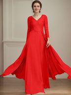 A-Linie V-Ausschnitt Bodenlanges Spitzen-Chiffon-Kleid für die Brautmutter mit Pailletten 