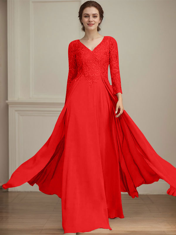 Vestido de madre de la novia de gasa con encaje, escote en V y lentejuelas, largo hasta el suelo