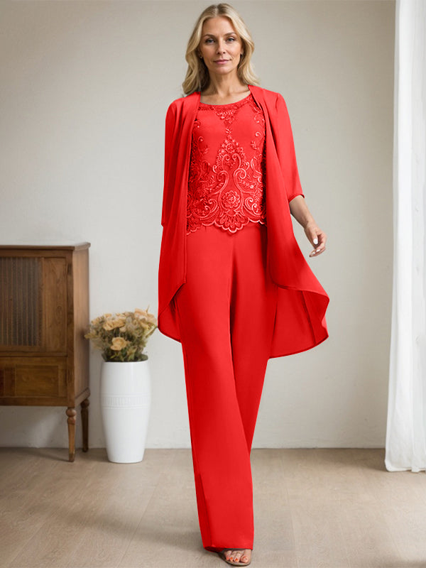 Vestido de madre de la novia de gasa con encaje, escote redondo y lentejuelas y mono/pantalón separado