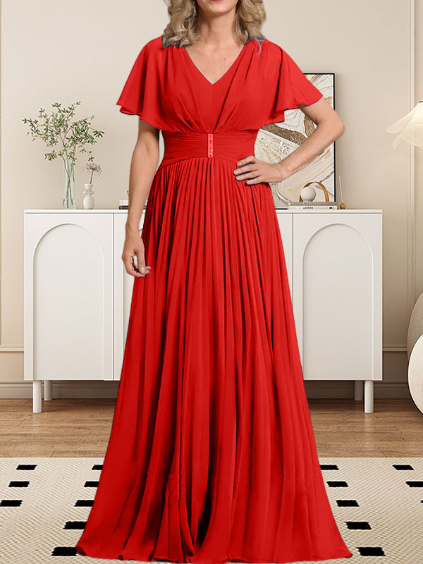 Vestido de gasa para madre de la novia, corte A, escote en V, largo hasta el suelo, con broche de cristal y plisado