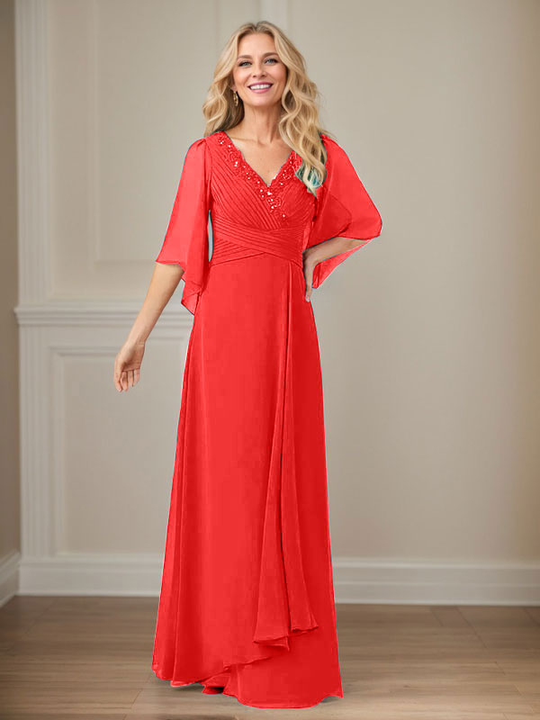 A-Linie V-Ausschnitt Lange Pailletten Chiffon Mutterkleid
