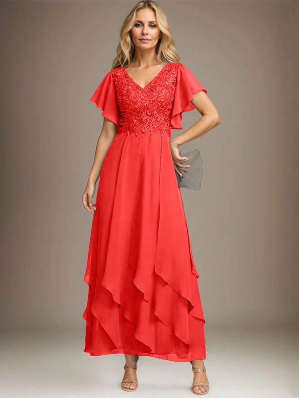 Vestido de gasa con encaje y escote en V hasta los tobillos para madre de la novia con volantes en cascada