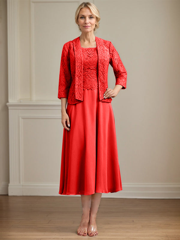 Vestido de gasa con encaje y escote redondo hasta la rodilla para madre de la novia