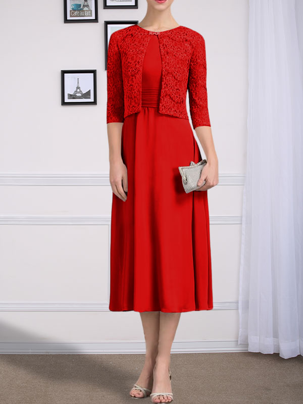 Vestido de gasa para madre de la novia con corte en A, escote redondo y largo hasta la rodilla con pliegues
