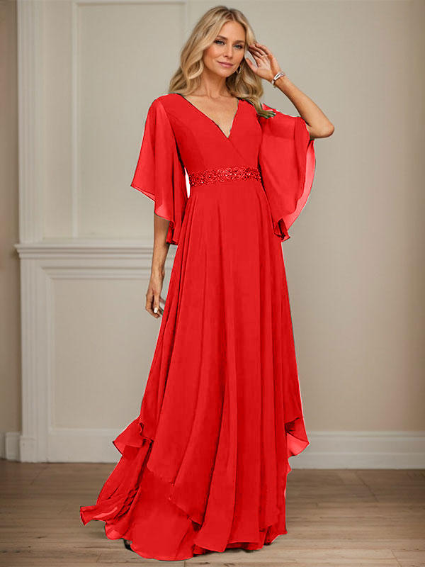Vestido de gasa para madre de la novia, corte A, escote en V, largo hasta el suelo, con apliques de lentejuelas, encaje y abalorios