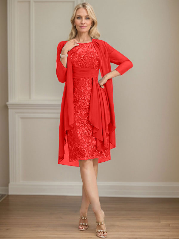 Vestido de madre de la novia de gasa con encaje, escote redondo, ilusión, largo hasta la rodilla, con volantes en cascada y lentejuelas