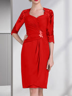 Vestido de gasa para madre de la novia con escote corazón, largo hasta la rodilla, con apliques de cuentas, encaje y lentejuelas plisado.