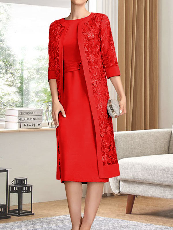 Vestido de gasa para madre de la novia con escote redondo hasta la rodilla, corte tubo/columna y lentejuelas plisadas