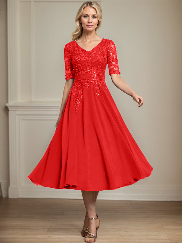 Vestido de gasa con encaje y lentejuelas para madre de la novia, corte A, escote en V y largo hasta la rodilla