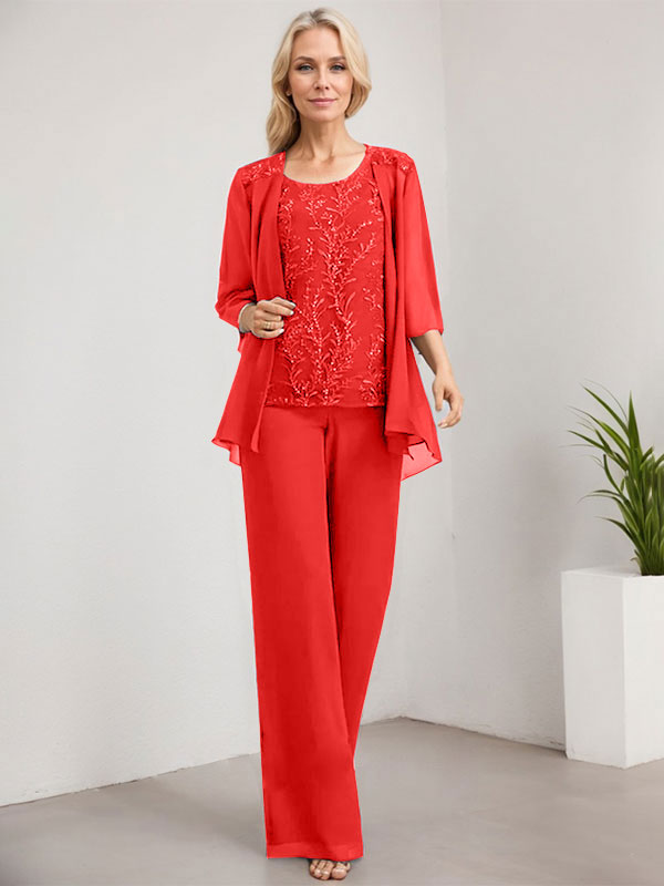 Vestido de madre de la novia de gasa con encaje, largo hasta el suelo, con lentejuelas y mono/pantalón separado