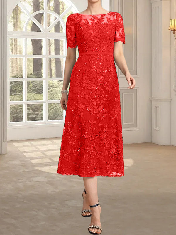 Vestido de madre de la novia de encaje con lentejuelas, corte A, escote ilusión y largo hasta la rodilla