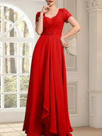 Vestido de madre de la novia de gasa con encaje, corte en A, escote corazón, largo hasta el suelo, con volantes en cascada y cuentas