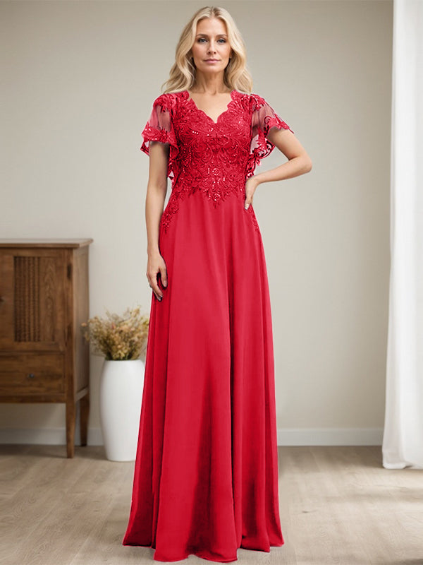 A-Linie V-Ausschnitt Bodenlanges Spitzenchiffonkleid für die Brautmutter mit Pailletten 