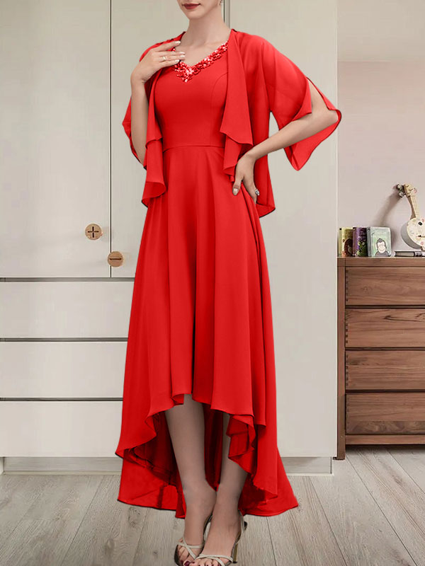 A-Linien-Kleid mit V-Ausschnitt, asymmetrischem Chiffon für die Brautmutter mit Perlen und Pailletten