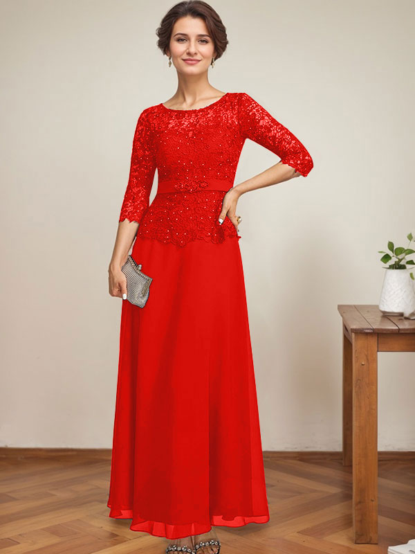 Vestido de gasa con encaje y escote en A, ilusión, largo hasta los tobillos, para madre de la novia con cuentas de diamantes de imitación