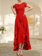 Vestido de madre de la novia de gasa asimétrica con escote en A, ilusión, encaje, lazo, volante y lentejuelas