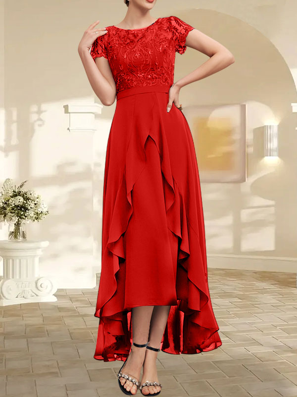 Vestido de madre de la novia de gasa asimétrica con escote en A, ilusión, encaje, lazo, volante y lentejuelas