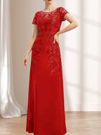 Vestido de madre de la novia de gasa con encaje, escote redondo, ilusión, largo hasta el suelo, con lentejuelas