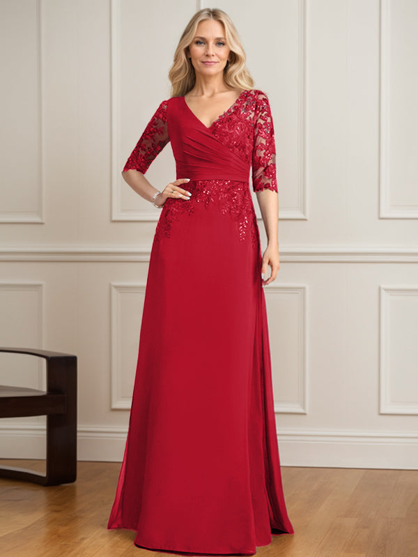 Vestido de madre de la novia de gasa con encaje, escote en V y lentejuelas plisadas hasta el suelo