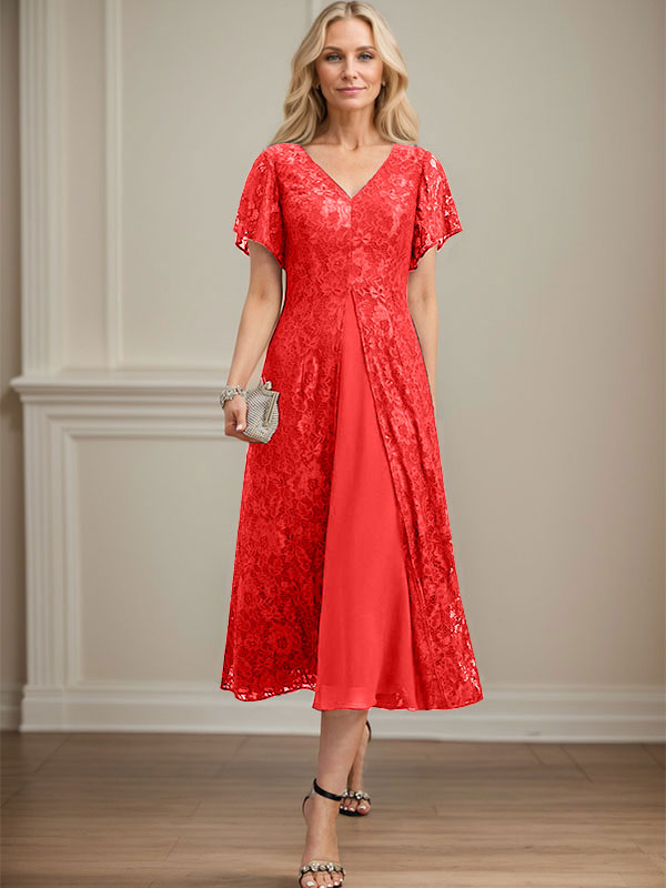 Vestido de gasa con encaje y escote en V para madre de la novia, largo hasta la rodilla
