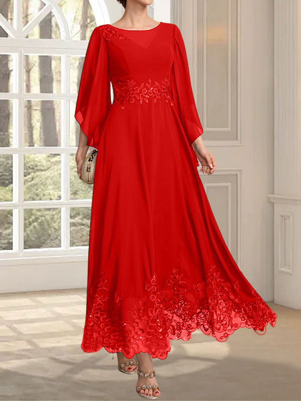 Vestido de gasa con encaje y lentejuelas para madre de la novia, corte A, escote ilusión, largo hasta los tobillos