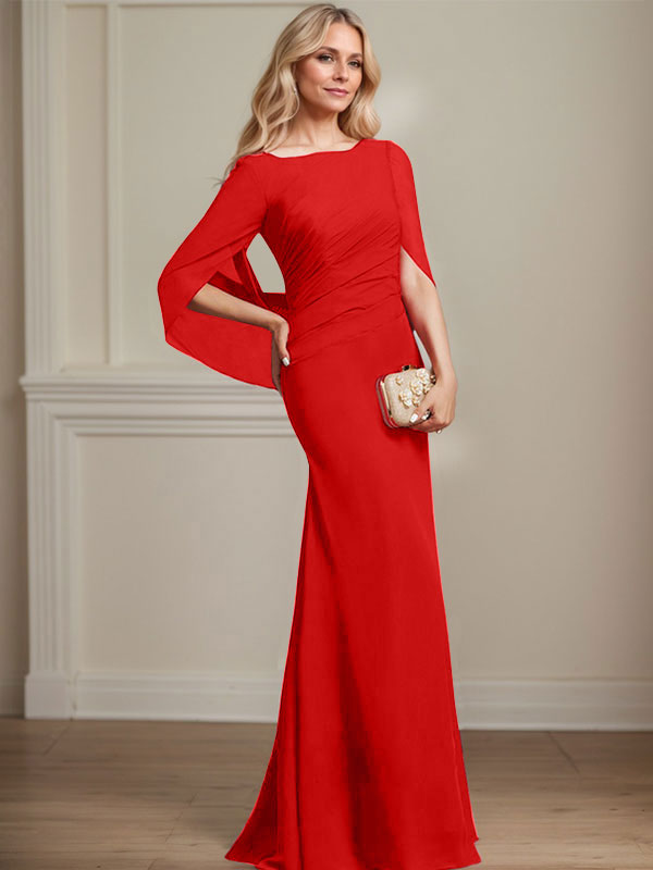 Vestido de madre de la novia de gasa con escote barco, corte trompeta/sirena, largo hasta el suelo, con pliegues