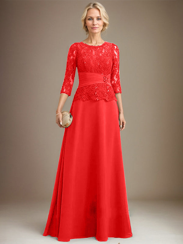 Vestido de gasa con encaje, corte A, ilusión, largo hasta el suelo, para madre de la novia, con lentejuelas plisadas y abalorios