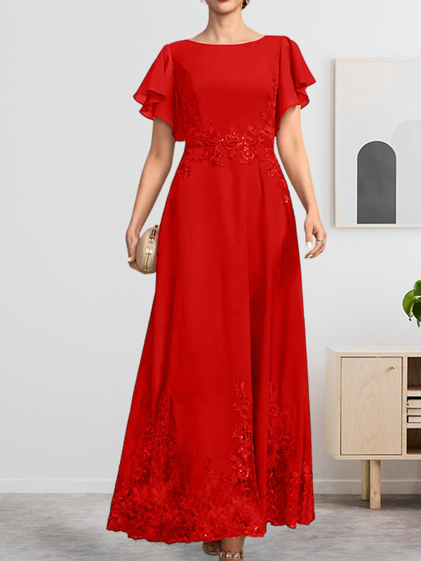 A-Linie U-Ausschnitt Knöchellang Spitzen-Chiffon-Kleid für die Brautmutter mit Pailletten
