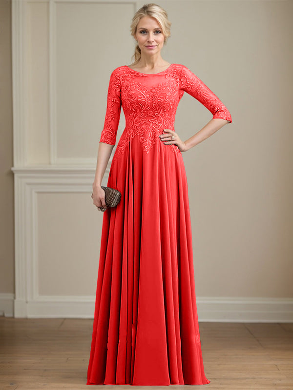 Vestido de gasa con encaje y lentejuelas para madre de la novia, corte A, escote ilusión, largo hasta el suelo