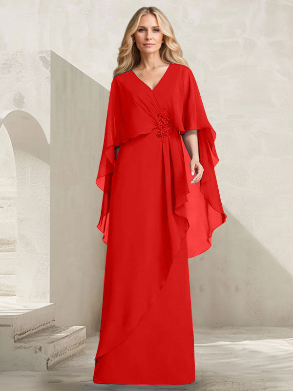 Vestido de gasa para madre de la novia con escote en V, corte A y largo hasta el suelo, con volantes en cascada y cuentas