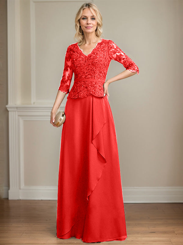 A-Linie V-Ausschnitt Bodenlanges Spitzen-Chiffon-Kleid für die Brautmutter mit kaskadierenden Rüschen und Pailletten 