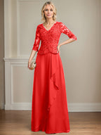 A-Linie V-Ausschnitt Bodenlanges Spitzen-Chiffon-Kleid für die Brautmutter mit kaskadierenden Rüschen und Pailletten 
