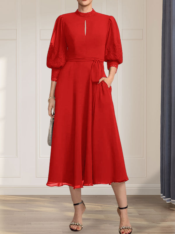 A-Linien-Kleid mit hohem Halsausschnitt und bodenlangem Spitzenchiffonkleid mit Schleife