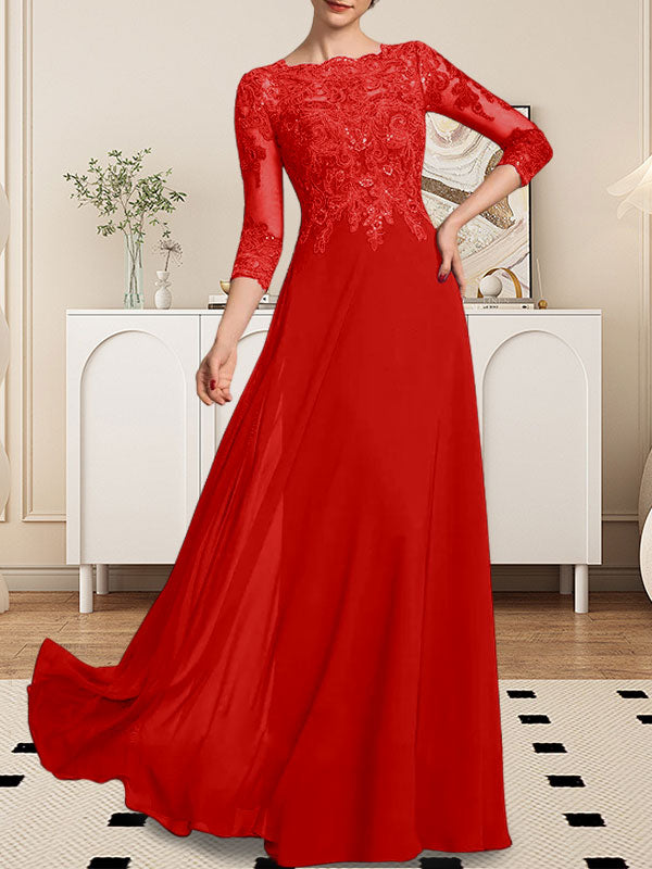 Vestido de gasa con encaje y lentejuelas para madre de la novia, corte A, largo hasta el suelo