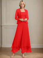 Vestido de madre de la novia de gasa con encaje y lentejuelas, largo hasta los tobillos, con mono/pantalón separado