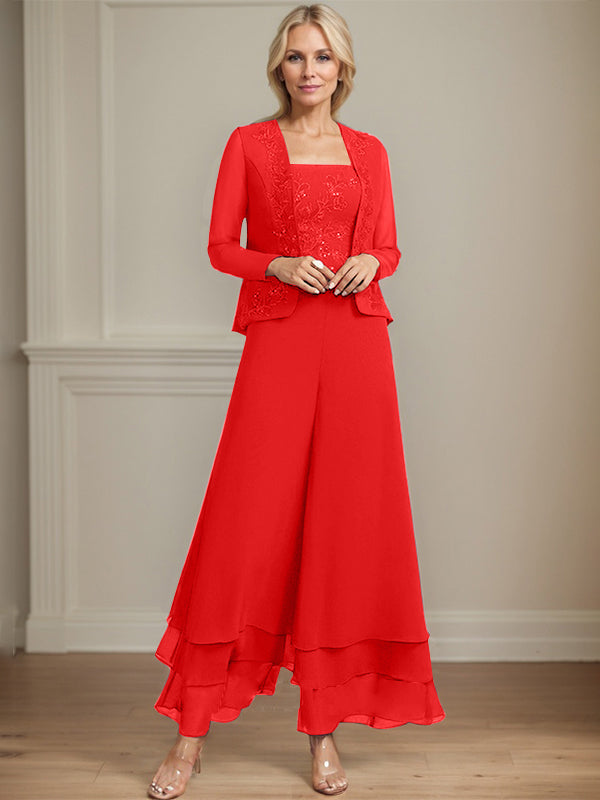 Separates Jumpsuit/Hosenanzug Quadratisches Knöchellanges Spitzenchiffonkleid für die Brautmutter mit Pailletten 