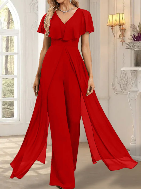 Vestido de noche de gasa con escote en V y largo hasta el suelo, tipo mono/pantalón
