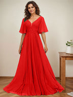 Vestido de gasa para madre de la novia, corte A, escote en V, largo hasta el suelo, con apliques de lentejuelas y encaje plisado