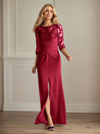 Vestido para madre de la novia de crepé elástico con encaje color ciruela