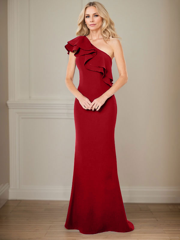 A-Linie One-Shoulder-Bodenlanges Chiffon-Kleid für die Brautmutter mit Rüschen 