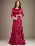 Vestido de madre de la novia de satén con encaje, corte A, largo hasta el suelo y apliques