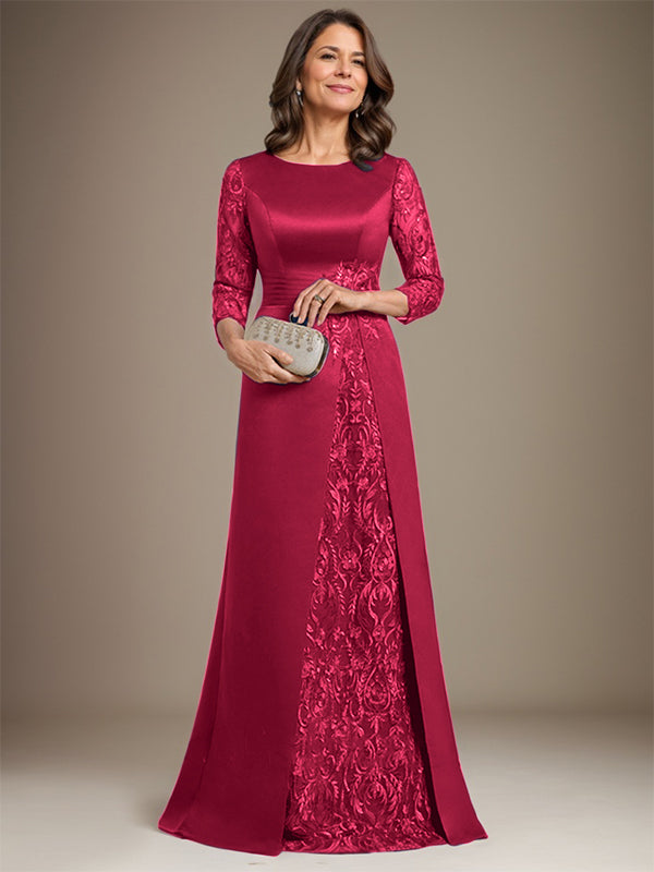 Vestido de madre de la novia de satén con encaje, corte A, largo hasta el suelo y apliques