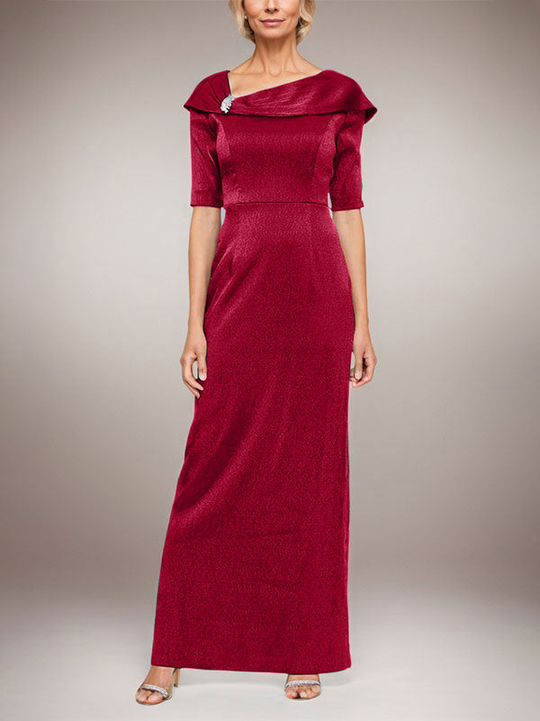 Vestido largo de columna brillante con puños doblados, escote en L y mangas hasta el codo