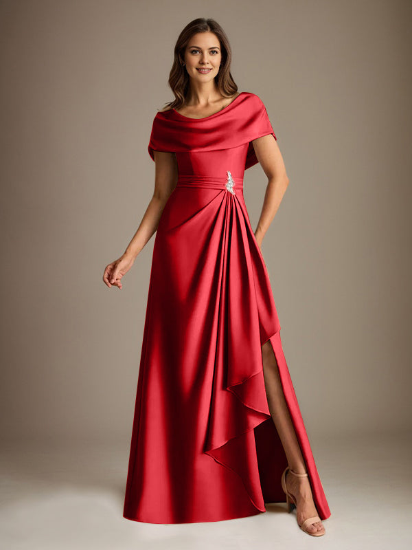 Vestido de madre de la novia de satén elástico, corte A, largo hasta el suelo, con escote redondo y volantes en cascada