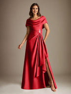 Vestido de madre de la novia de satén elástico, corte A, largo hasta el suelo, con escote redondo y volantes en cascada