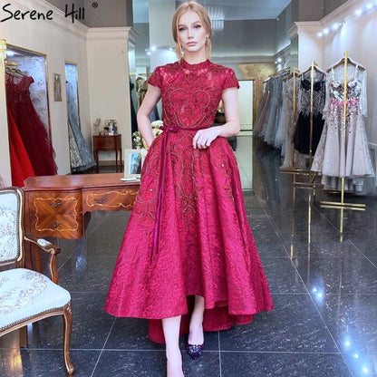 Vestido de noche rojo asimétrico de lujo con encaje, sin mangas, sexy, con cuentas y cristales, LA70227 