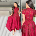 Rot Asymmetrische Luxus Spitze Abendkleider 2025 Ärmellose Sexy Perlen Cryastal Formale Kleid LA70227 