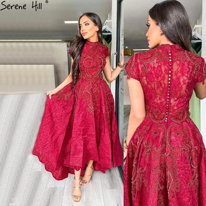 Vestido de noche rojo asimétrico de lujo con encaje, sin mangas, sexy, con cuentas y cristales, LA70227 