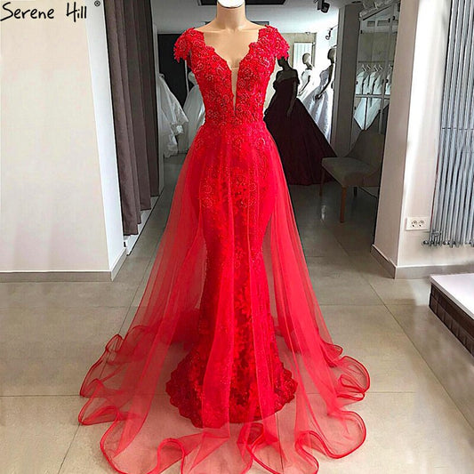 En oferta, sin devolución ni reembolso. Vestidos de noche con escote en V y encaje rojo con perlas, diseño 2025, vestido formal de sirena sexy con mangas cortas LA6604. 